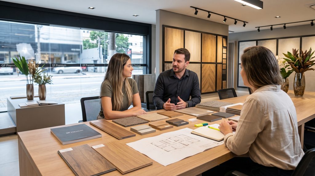 Consultor técnico apresentando amostras de pisos e plantas de projeto para duas arquitetas na mesa do showroom da GF Premium em São Paulo.